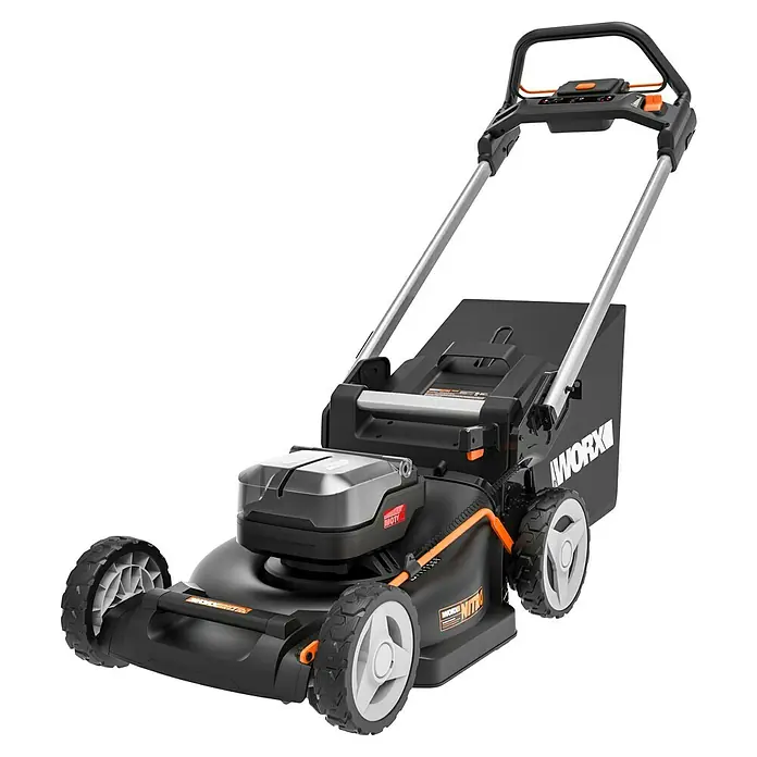 Worx PowerShare 20V Akku-Rasenmäher WG749E - 40 V, 2 Akkus, 4 Ah, Schnittbreite: 46 cm - Das Bild zeigt einen Worx Nitro Akku-Rasenmäher mit einem silbernen Griff und schwarzen Akzenten.