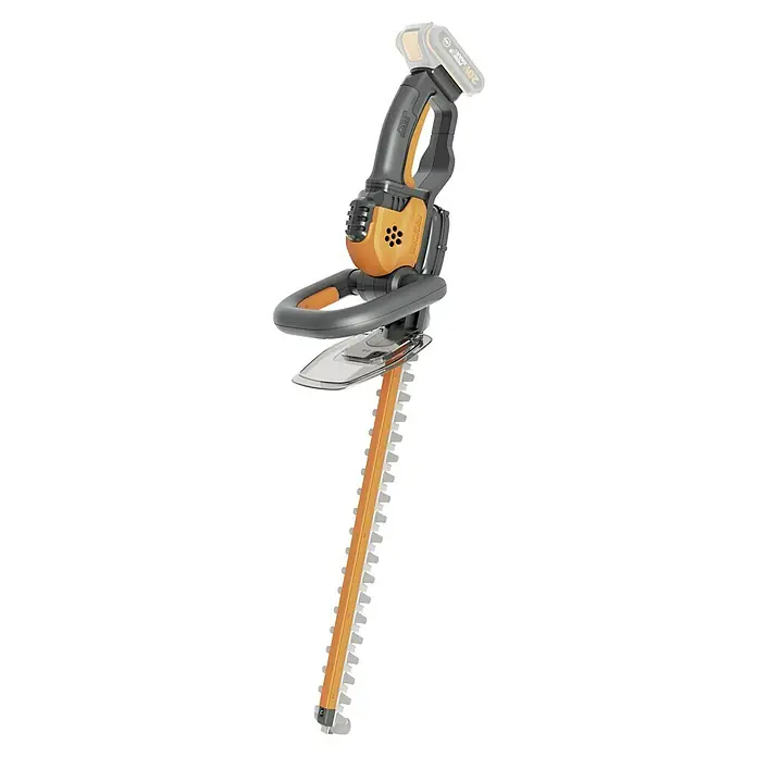 Worx PowerShare 20V Akku-Heckenschere WG261E.9 - 20 V, Li-Ionen, Ohne Akku, Schnittlänge: 45 cm - Bild einer Worx 20V Power Share Akku-Heckenschere mit einer orangefarbenen Klinge und einem grauen Griff. Ideal für den Garteneinsatz.