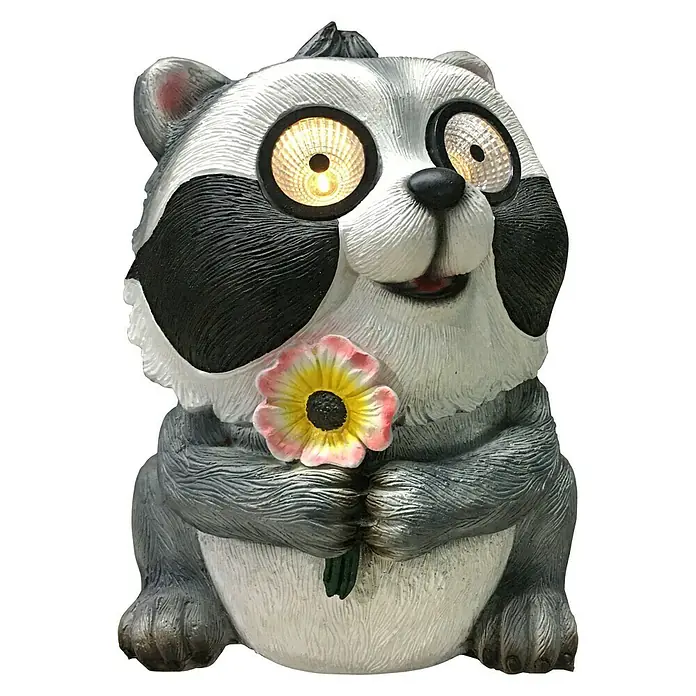 BAUHAUS Solar-Dekoleuchte - Lichtfarbe: Warmweiß, 29,5 x 25 x 35 cm, Waschbär - Niedliche Waschbär-Gartenfigur mit Solaraugen und Blume, die eine charmante und dekorative Note für jeden Außenbereich bietet.