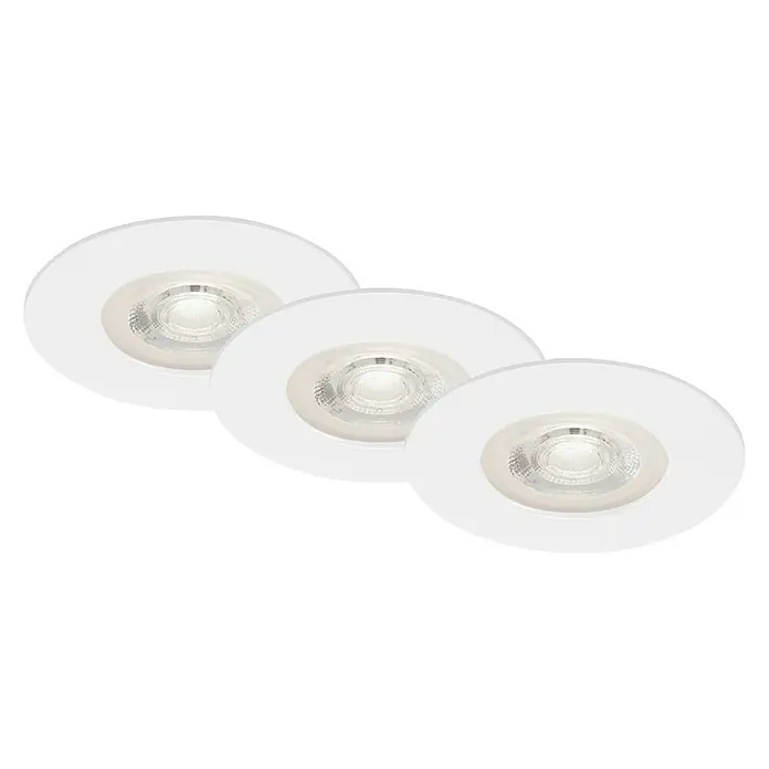Briloner Set de focos LED empotrables redondos Kulana - Ø x Al: 9 x 2,5 cm, Blanco cálido, Blanco - Tres luces LED empotradas en el techo, redondas y blancas, en fila sobre un fondo negro, mostrando un diseño de iluminación moderno y brillante.