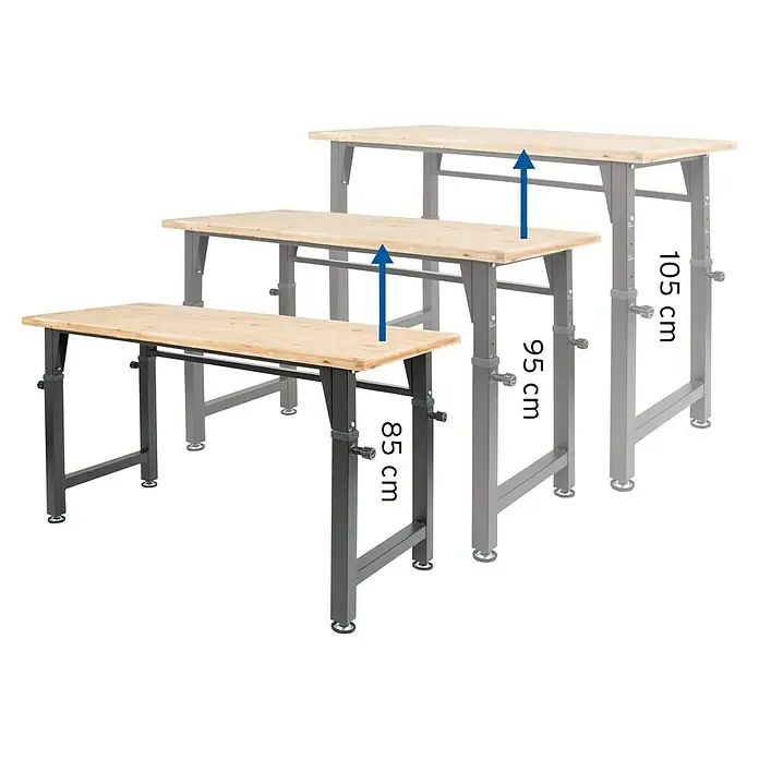 Rikta Werkbank Höhenverstellbar - L x B: 60 x 135 cm, Arbeitshöhe: 105 cm, Belastbarkeit: 200 kg - Höhenverstellbare Werkbank mit Holzplatte. Die Werkbank ist vielseitig einsetzbar und bietet eine stabile Arbeitsfläche.