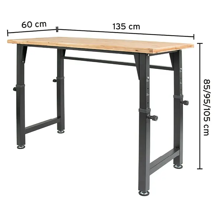 Rikta Werkbank Höhenverstellbar - L x B: 60 x 135 cm, Arbeitshöhe: 105 cm, Belastbarkeit: 200 kg - Der höhenverstellbare Werkzeugtisch mit einer Arbeitsfläche von 135 cm Länge und 60 cm Breite bietet eine variable Arbeitshöhe.