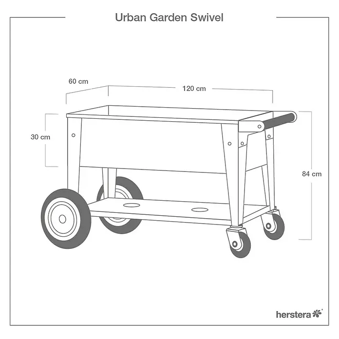 Herstera Garden Kräuterhochbeet Swivel - L x B x H: 120 x 60 x 84 cm, Anthrazit - Produktbild: Der "Urban Garden Swivel" Pflanztisch mit Rädern, ideal für den Garten oder die Terrasse, mit detaillierten Maßangaben.