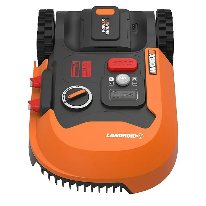 Worx PowerShare 20V Robot cortacésped Landroid M500 Plus - 500 m², Ancho de corte: 18 cm, Navegación por inducción, Cable de antena - Aquí hay un robot cortacésped WORX Landroid M que corta el césped de forma autónoma. Cuenta con una batería Power Share y un motor sin escobillas.