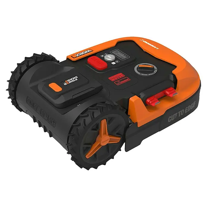 Worx PowerShare 20V Mähroboter-Set Landroid L1000 - 1.000 m², Schnittbreite: 20 cm, Induktionsgestützte Navigation, Begrenzungskabel - Ein Worx Landroid Mähroboter mit orangefarbenen Akzenten, der für präzises und automatisches Rasenmähen entwickelt wurde.