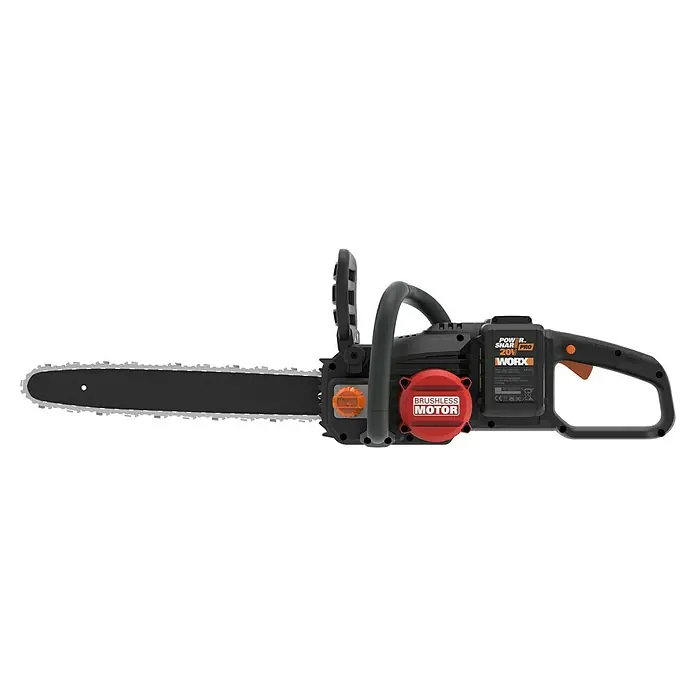 Worx PowerShare 20V Motosierra de batería WG385E.9 - 20 V, Iones de litio, Sin batería, Longitud de la cuchilla: 40 cm - Motosierra inalámbrica WORX con motor sin escobillas, que ofrece un corte eficiente para trabajos de jardín. Potente y fácil de manejar.
