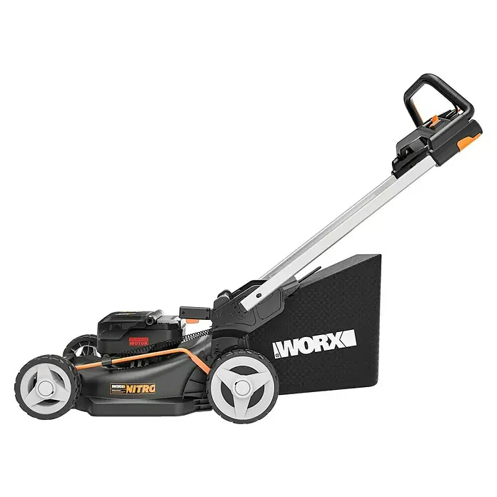Worx PowerShare 20V Akku-Rasenmäher WG749E - 40 V, 2 Akkus, 4 Ah, Schnittbreite: 46 cm - Das Bild zeigt einen Worx Nitro Akku-Rasenmäher, ideal für Gartenarbeiten. Er kombiniert Leistung mit kabelloser Freiheit für effizientes Mähen.