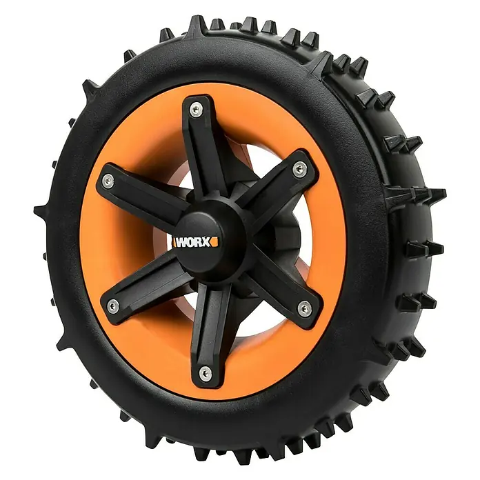 Worx Landroid Antriebsräder für Mähroboter Rutschfest - Worx Landroid Mähroboter der S- und M- Serie - Rad für Worx-Produkte. Das Rad hat ein schwarzes Profil, eine orangefarbene Felge und eine schwarze Nabe mit dem Worx-Logo.