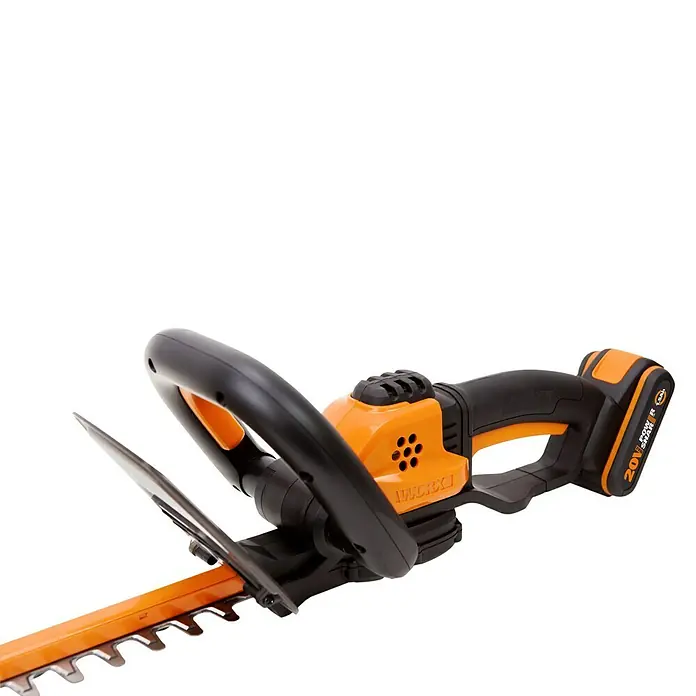 Worx PowerShare 20V Akku-Heckenschere WG261E.9 - 20 V, Li-Ionen, Ohne Akku, Schnittlänge: 45 cm - Abbildung einer WORX Akku-Heckenschere, ideal für den präzisen und kabellosen Gartenschnitt. Das Gerät ist in Orange und Schwarz gehalten.