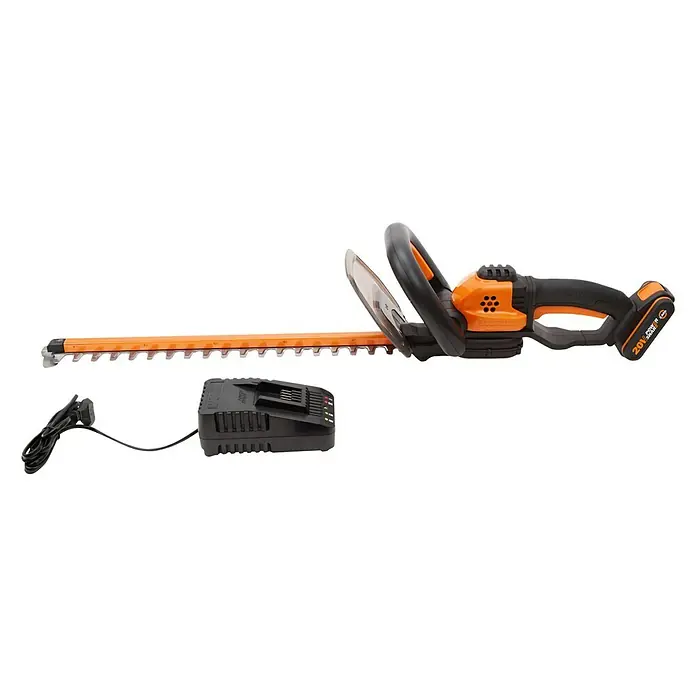 Worx PowerShare 20V Akku-Heckenschere WG261E.9 - 20 V, Li-Ionen, Ohne Akku, Schnittlänge: 45 cm - Kabellose Heckenschere mit Ladegerät. Die Akku-Heckenschere ist orange-schwarz mit scharfen Klingen zum einfachen Trimmen von Hecken.