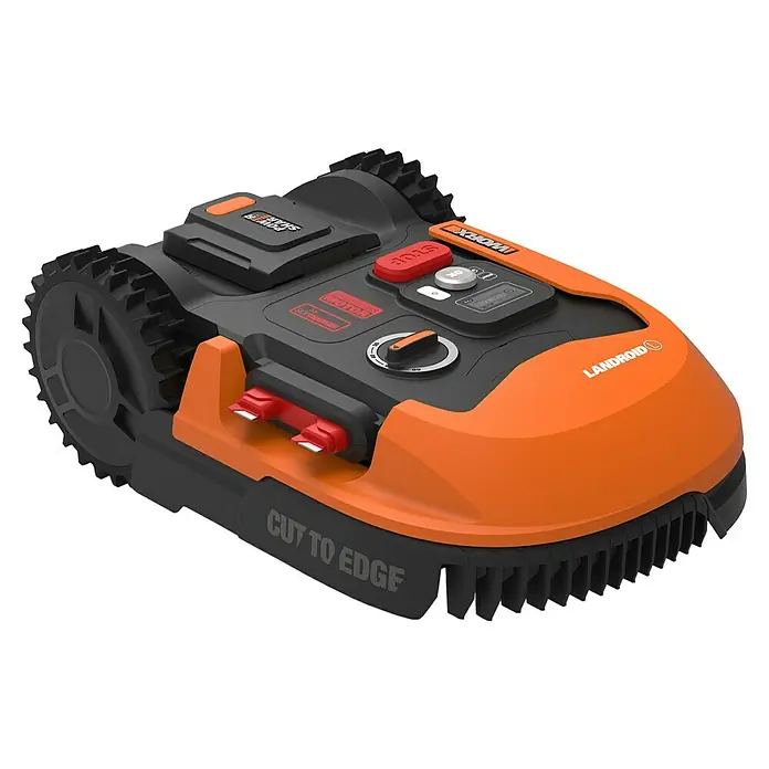 Worx PowerShare 20V Mähroboter Landroid L800 - 800 m², Schnittbreite: 20 cm, Induktionsgestützte Navigation, Begrenzungskabel - Ein orange-schwarzer Worx Landroid Mähroboter mit Power Share Akku und "Cut to Edge" Funktion für einen präzisen Rasenschnitt.