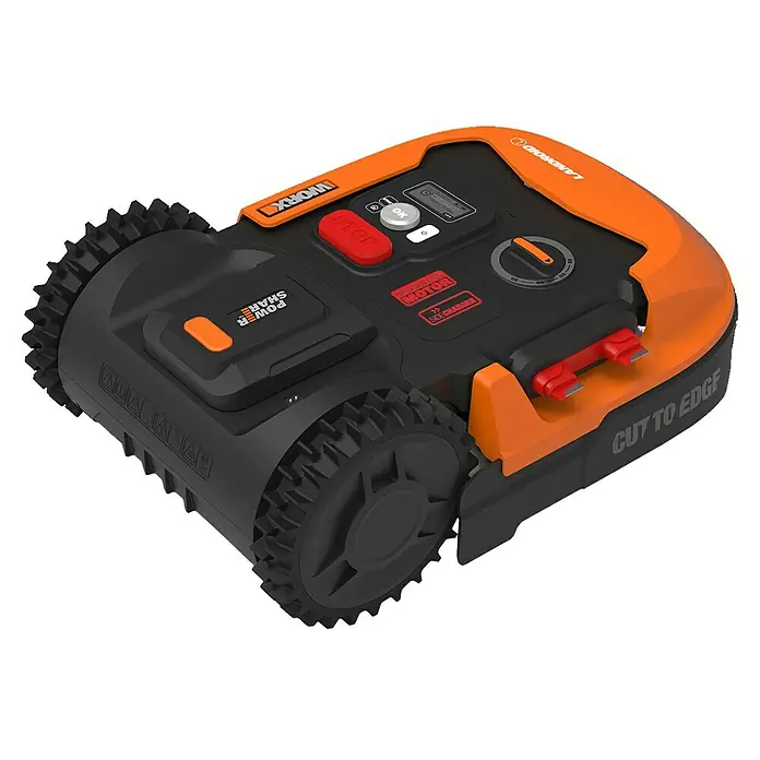 Worx PowerShare 20V Mähroboter Landroid L800 - 800 m², Schnittbreite: 20 cm, Induktionsgestützte Navigation, Begrenzungskabel - Ein WORX Landroid Mähroboter in Schwarz und Orange, der Rasenflächen effizient und präzise mäht. Intelligente Navigation und einfache Bedienung.