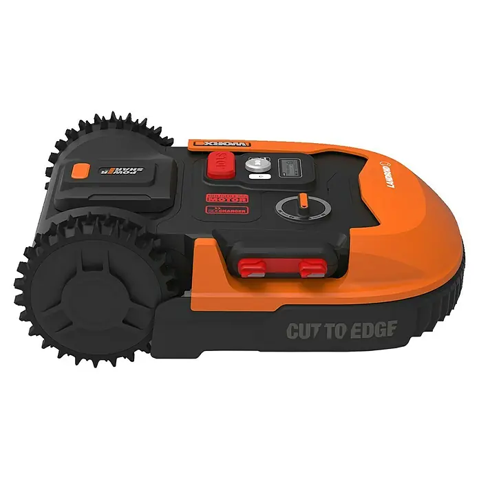 Worx PowerShare 20V Mähroboter Landroid L800 - 800 m², Schnittbreite: 20 cm, Induktionsgestützte Navigation, Begrenzungskabel - Nahaufnahme eines Worx Landroid Rasenmähroboters in Schwarz und Orange.
