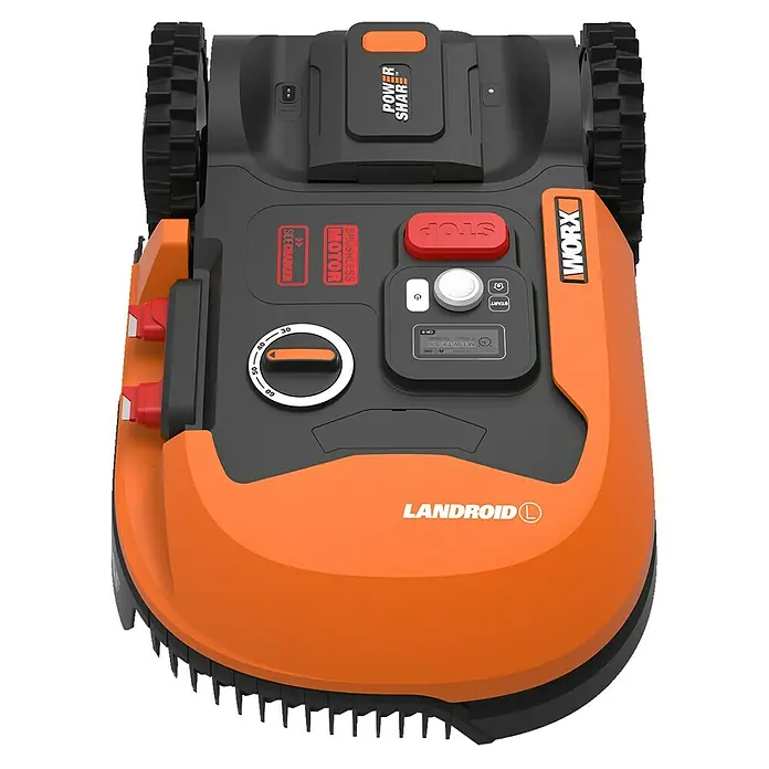 Worx PowerShare 20V Mähroboter Landroid L800 - 800 m², Schnittbreite: 20 cm, Induktionsgestützte Navigation, Begrenzungskabel - Draufsicht auf den orangefarbenen Worx Landroid L Mähroboter, der sich ideal für die Rasenpflege eignet und mit Power Share ausgestattet ist.
