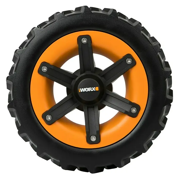 Worx Landroid Antriebsräder für Mähroboter - Worx Landroid Mähroboter - Nahaufnahme eines Worx-Rad mit schwarzem Reifen und orangefarbener Felge. Ideal für Gartenarbeiten.