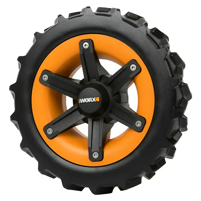 Worx Landroid Antriebsräder für Mähroboter - Worx Landroid Mähroboter - Detailaufnahme eines WORX-Mähroboter-Rades mit orangefarbener Felge und grobem Profil für optimalen Halt.