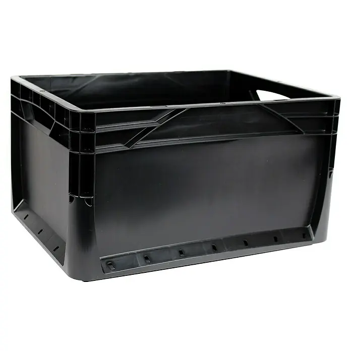 Surplus Systems Eurobox - L x B x H: 40 x 30 x 22 cm, Kunststoff, Schwarz - Ein schwarzer Kunststoffbehälter, ideal für Lagerung und Transport, mit verstärkten Kanten und praktischen Griffen.