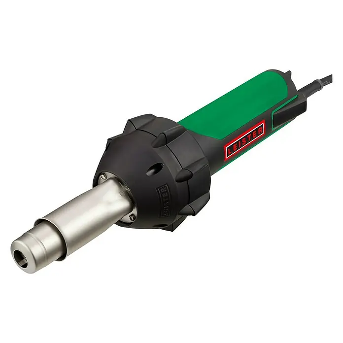 Leister Heißluftgebläse Triac ST - Luftstromregulierung: Keine, Temperatureinstellung: Stufenlos, Analog - Ein Leister Heissluftgebläse mit grünem Griff und schwarzem Kopf. Das Gerät ist für professionelle Anwendungen konzipiert.