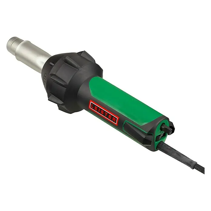 Leister Heißluftgebläse Triac ST - Luftstromregulierung: Keine, Temperatureinstellung: Stufenlos, Analog - Abbildung eines Leister Heißluftgeräts mit grünem Griff und silberfarbener Düse, das sich ideal zum Schweißen und Formen von Kunststoffen eignet.