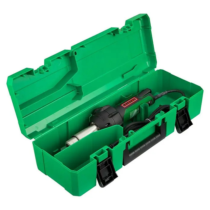 Leister Heißluftgebläse Triac ST - Luftstromregulierung: Keine, Temperatureinstellung: Stufenlos, Analog - Ein grüner Werkzeugkasten mit einer Leister Heißluftpistole darin, perfekt für professionelle Schweißarbeiten und Kunststoffbearbeitung.