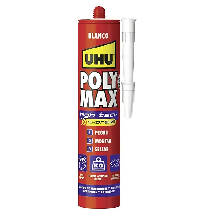 UHU Adhesivo para montaje High tack - Blanco, 450 g - Tubo de adhesivo rojo UHU Poly Max High Tack Express con boquilla blanca, ideal para pegar, montar y sellar en interiores y exteriores.