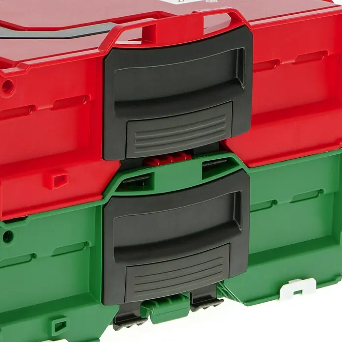 Fischer Surtido de tacos Duoline L-Boxx 102 - Con borde, 795 pzs. - Caja de herramientas roja y verde con cierres negros, ideal para guardar y transportar herramientas y accesorios.