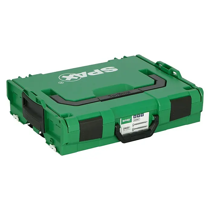 Spax Schrauben-Set L-Boxx - 2.447 -tlg. - Geschlossener grüner Spax Werkzeugkoffer mit schwarzem Griff und Spax Logo.