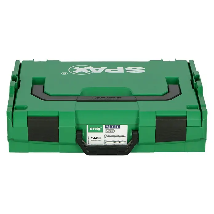 Spax Schrauben-Set L-Boxx - 2.447 -tlg. - Grüne Spax Schraubenbox mit schwarzem Griff, ideal für Handwerker und Heimwerker zur Aufbewahrung von Schrauben und Zubehör.