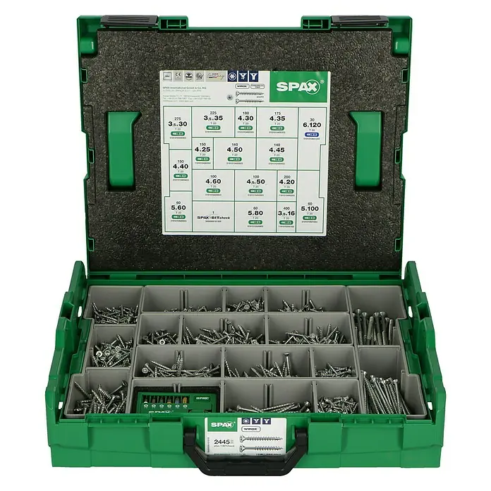 Spax Schrauben-Set L-Boxx - 2.447 -tlg. - Geöffnete grüne Spax-Box mit diversen Schrauben und Bits, ideal für Heimwerker und Profis.
