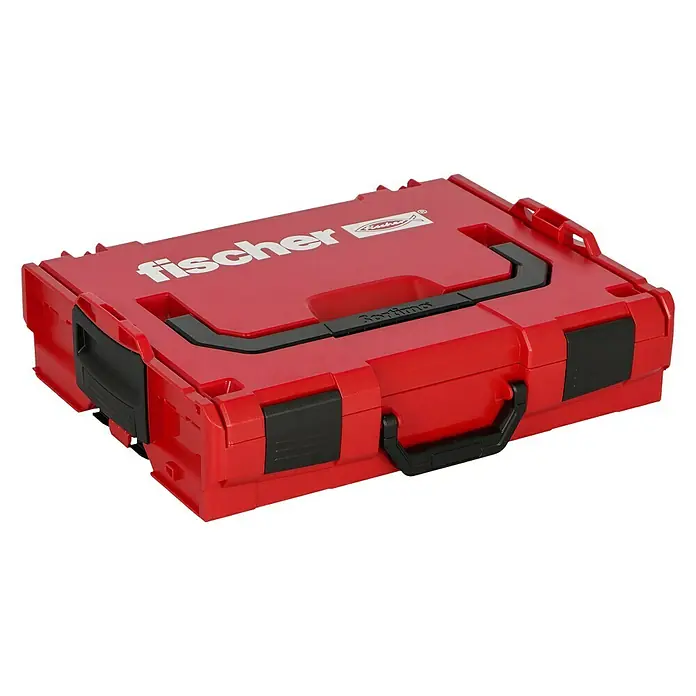 Fischer Dübelsortiment Duoline L-Boxx 102 - Mit Rand, 795 -tlg. - Roter Fischer Sortimo Koffer mit schwarzem Tragegriff und Fischer Logo. Der Koffer ist robust und ideal für Werkzeuge und Zubehör.