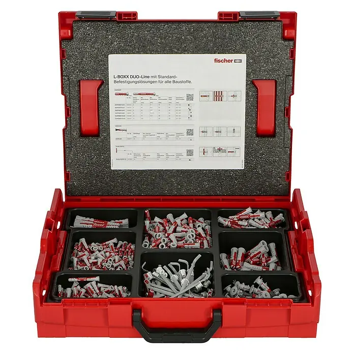 Fischer Dübelsortiment Duoline L-Boxx 102 - Mit Rand, 795 -tlg. - Ein offener roter L-Boxx Duo-Line Koffer mit verschiedenen Befestigungslösungen für alle Baustoffe, sortiert in Fächern.