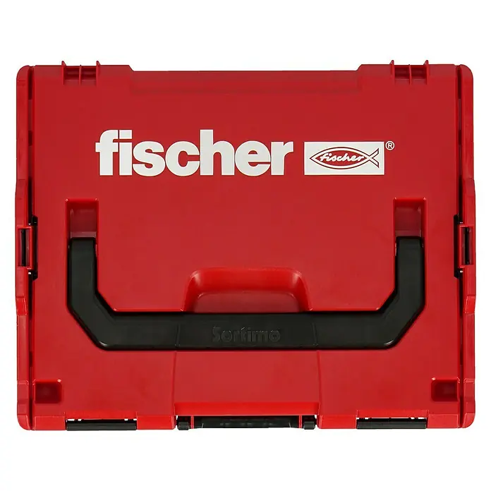 Fischer Dübelsortiment Duoline L-Boxx 102 - Mit Rand, 795 -tlg. - Rote Fischer Sortimo Box mit schwarzem Griff und weißer Aufschrift. Ideal für Werkzeuge und Kleinteile, robust und stapelbar.