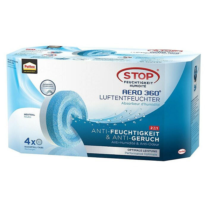Pack de recharge pour absorbeur d'humidité Pattex AERO 360° (4 pces de 450  g chacune, inodore)
