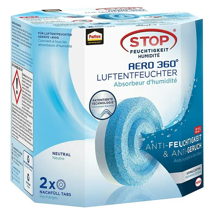 Pattex Luftentfeuchter-Nachfüllpack AERO360° - 2 Stk., 450 g - Luftentfeuchter-Nachfüllpackung von Pattex Stop Aero 360° mit neutralem Duft, ideal zur Feuchtigkeitsabsorption und Geruchsbekämpfung in Innenräumen.