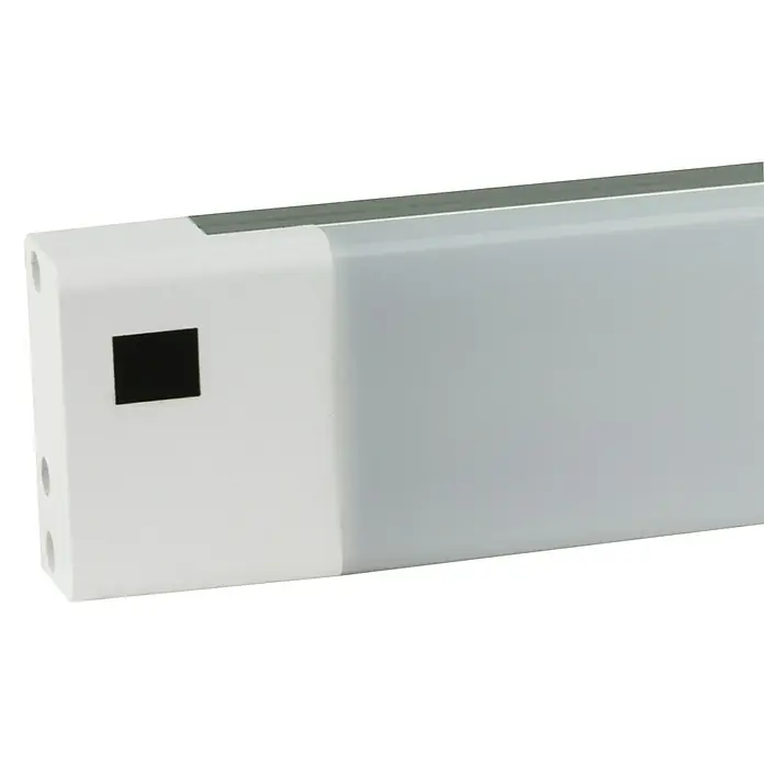 Ritter Leuchten LED-Unterbauleuchte Multi Senso - 10 W, Länge: 60 cm - Nahaufnahme einer weißen LED-Unterbauleuchte mit einem schwarzen Quadrat und Löchern auf der Seite, ideal für Küchen.