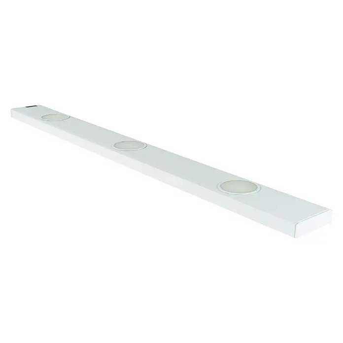 Ritter Leuchten LED-Unterbauleuchte Giga Sensor - L x B x H: 75 cm x 68 mm x 20,5 mm, Lichtfarbe: Neutralweiß, 9 W - Nahaufnahme einer weißen LED-Unterbauleuchte mit drei runden Lichtern vor einem schwarzen Hintergrund.