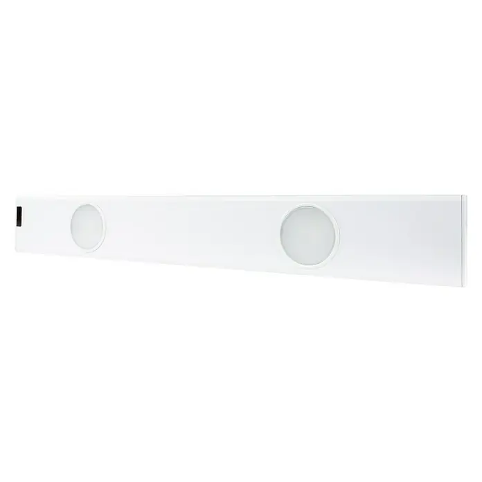 Ritter Leuchten LED-Unterbauleuchte Giga Sensor - L x B x H: 50 x 6,8 x 2,05 cm, Lichtfarbe: Neutralweiß, 6 W - Eine längliche, weiße LED-Leuchte mit zwei runden Lichtquellen und einem schmalen, rechteckigen Sensor an einem Ende für moderne Beleuchtung.