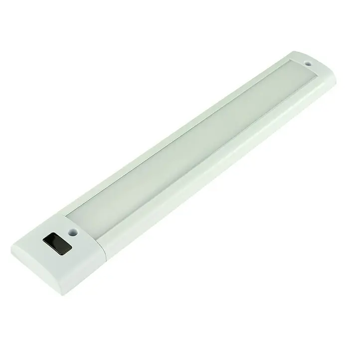 Ritter Leuchten LED-Unterbauleuchte SensoBase - L x B x H: 28 cm x 45 mm x 15 mm, Lichtfarbe: Neutralweiß, 6 W - Eine weiße LED-Unterbauleuchte mit Schalter und abgerundeten Kanten auf schwarzem Hintergrund für Küchen oder Regale.