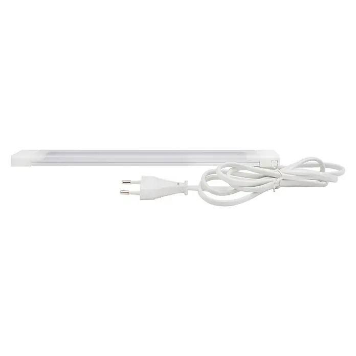 Ritter Leuchten LED-Unterbauleuchte Z300 - 4 W, Länge: 30 cm, Warmweiß - Nahaufnahme einer weißen LED-Leuchte mit Stromkabel und europäischem Stecker auf schwarzem Hintergrund.