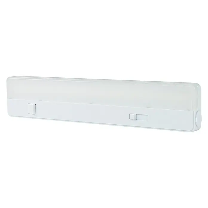 Ritter Leuchten LED-Unterbauleuchte Slide - 8,5 W, Länge: 35 cm, Neutralweiß - Eine weiße, längliche LED-Unterbauleuchte mit zwei Schaltern, ideal für Küche oder Werkstatt.