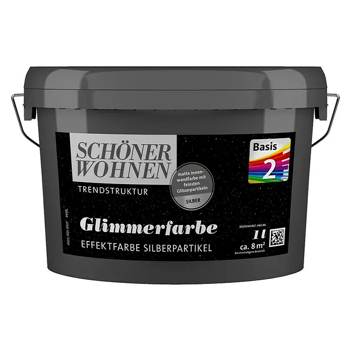 SCHÖNER WOHNEN-Farbe Mix Wandfarbe Glimmerfarbe zum Mischen lassen - Basismischfarbe 1, Matt, 1 l, Lösemittelfrei - Abbildung eines Eimers „Schöner Wohnen“-Glimmerfarbe, Effektfarbe mit Silberpartikeln für Trendstrukturen.