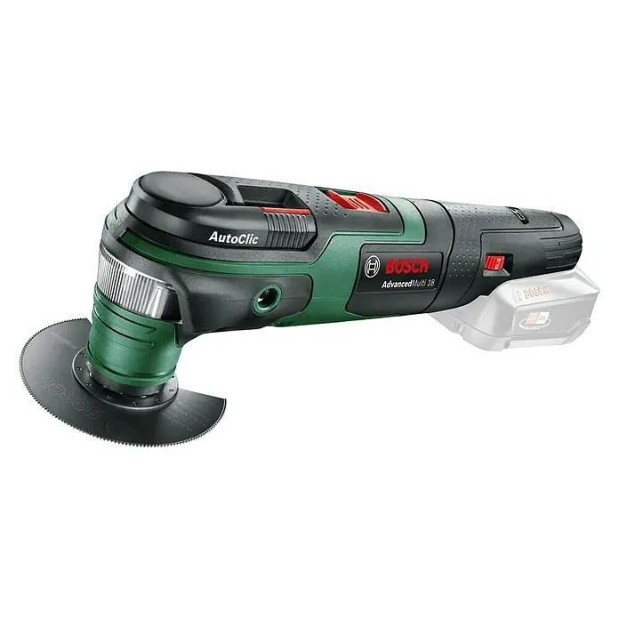 Bosch Power for All 18V Akku-Multifunktionswerkzeug AdvancedMulti 18 - 18 V, Ohne Akku - Das Bild zeigt das Bosch AdvancedMulti 18 Akku-Multifunktionswerkzeug mit Zubehör auf schwarzem Hintergrund.