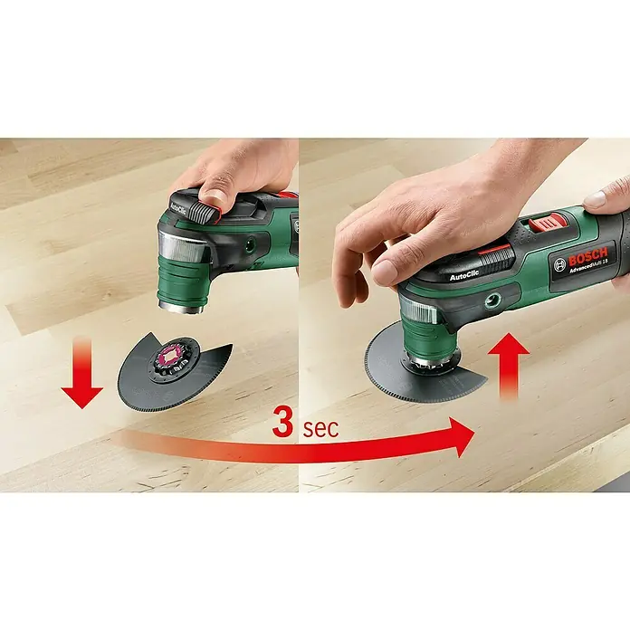 Bosch Power for All 18V Multiherramienta de batería Advanced Multi 18 - 18 V, Sin batería - La imagen muestra la multicortadora Bosch AdvancedMulti 18, destacando el fácil cambio de cuchillas en solo 3 segundos.
