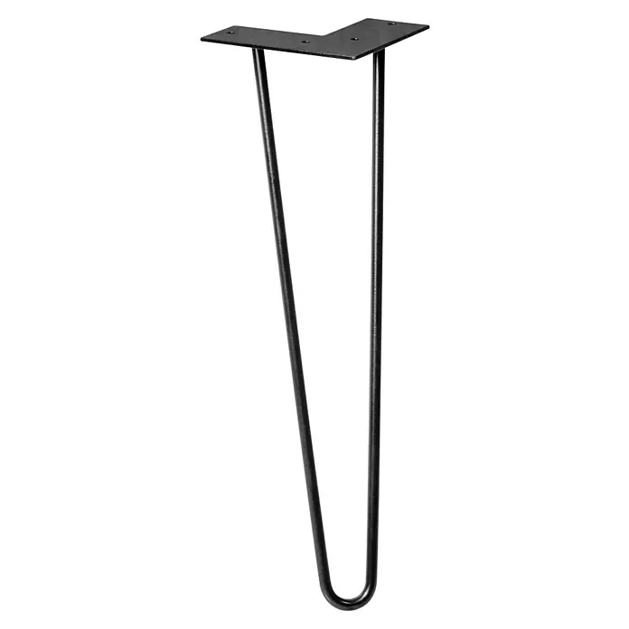 Wagner System Möbelfuß Hairpinlegs - Stahl, Höhe: 40 cm, Schwarz - Das Bild zeigt ein einzelnes, schwarzes Haarnadel-Tischbein mit einer eckigen Montageplatte. Es ist minimalistisch und modern gestaltet.