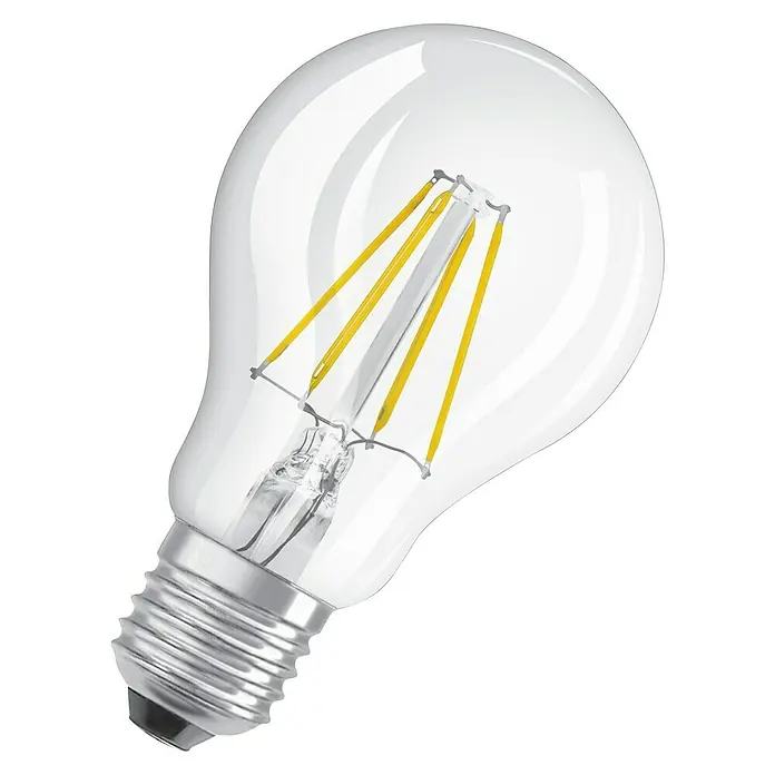 Osram Star LED-Lampe Glühlampenform E27 matt - E27, Nicht Dimmbar, Kaltweiß, 470 lm, 4 W - Nahaufnahme einer klaren LED-Glühbirne mit sichtbaren Filamenten und einem silbernen Sockel vor einem schwarzen Hintergrund.