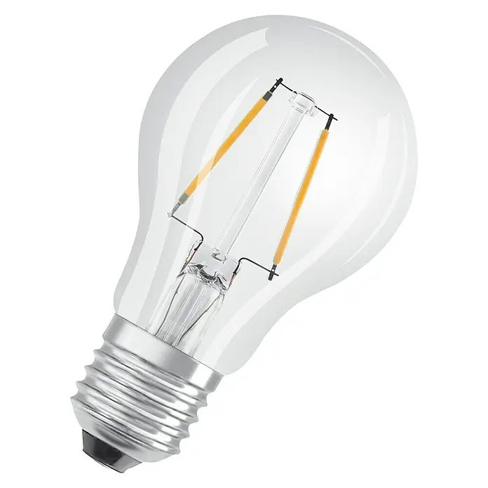 Osram Star LED-Lampe Glühlampenform E27 klar - E27, Dimmbar, Warmweiß, 250 lm, 2,8 W - Nahaufnahme einer klaren LED-Glühbirne mit sichtbaren Glühfäden auf schwarzem Hintergrund.