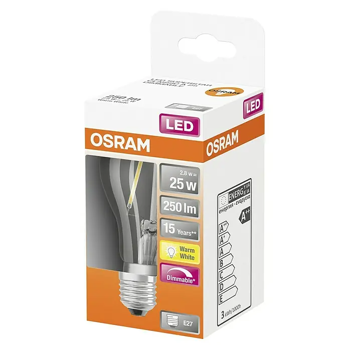 Osram Star LED-Lampe Glühlampenform E27 klar - E27, Dimmbar, Warmweiß, 250 lm, 2,8 W - Nahaufnahme einer Osram LED-Glühbirne in der Verpackung, mit Angaben zu Leistung und Energieeffizienz.