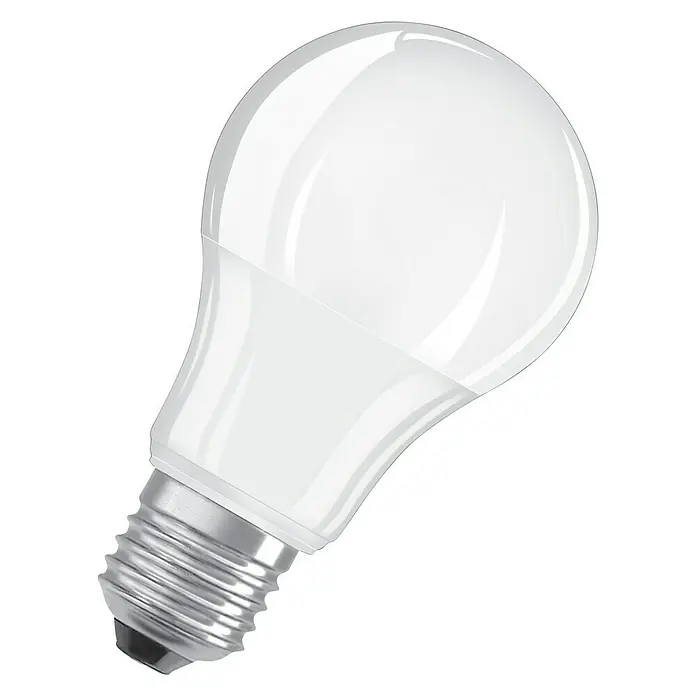 Osram Star LED-Lampe Daylight E27 matt - E27, Nicht Dimmbar, Warmweiß, 1.055 lm, 10 W - Nahaufnahme einer weißen LED-Glühbirne mit Schraubsockel auf schwarzem Hintergrund, die moderne Beleuchtung und Energieeffizienz betont.