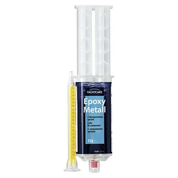 Yachtcare 2K-Epoxidharzkleber Epoxy Metall - 32 g - Yachtcare Epoxy Metall, ein 2-Komponenten-System für Metallreparaturen, mit 32g Inhalt und Mischer, ideal für Bootspflege und -reparaturen.