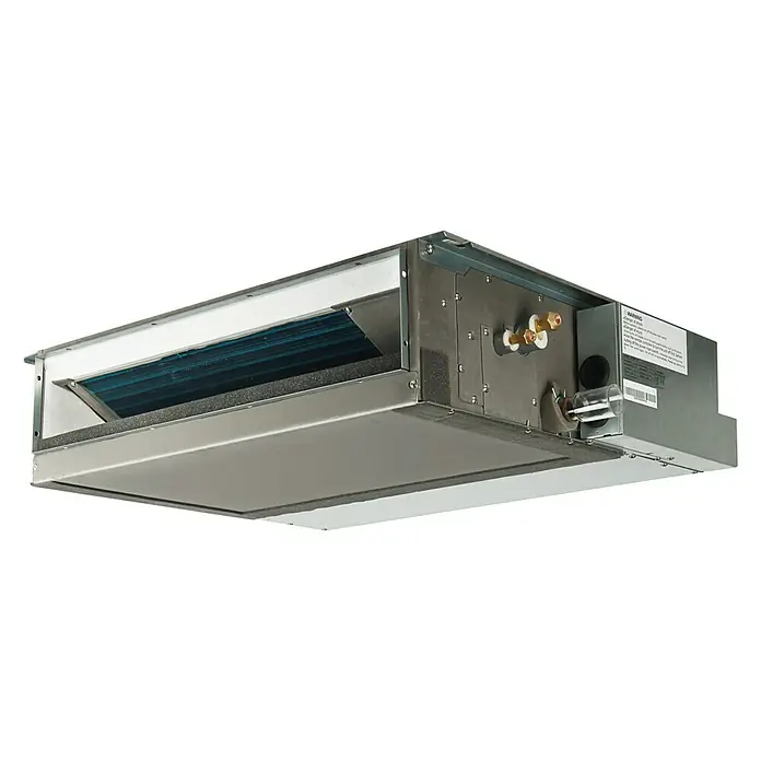 Aire acondicionado por conductos PRO24W - 223 W, 7.900 W, 25 m², Gris - Unidad de aire acondicionado oculta en el techo con aletas de refrigeración azules y múltiples puertos de conexión. Para un control climático eficiente y discreto.
